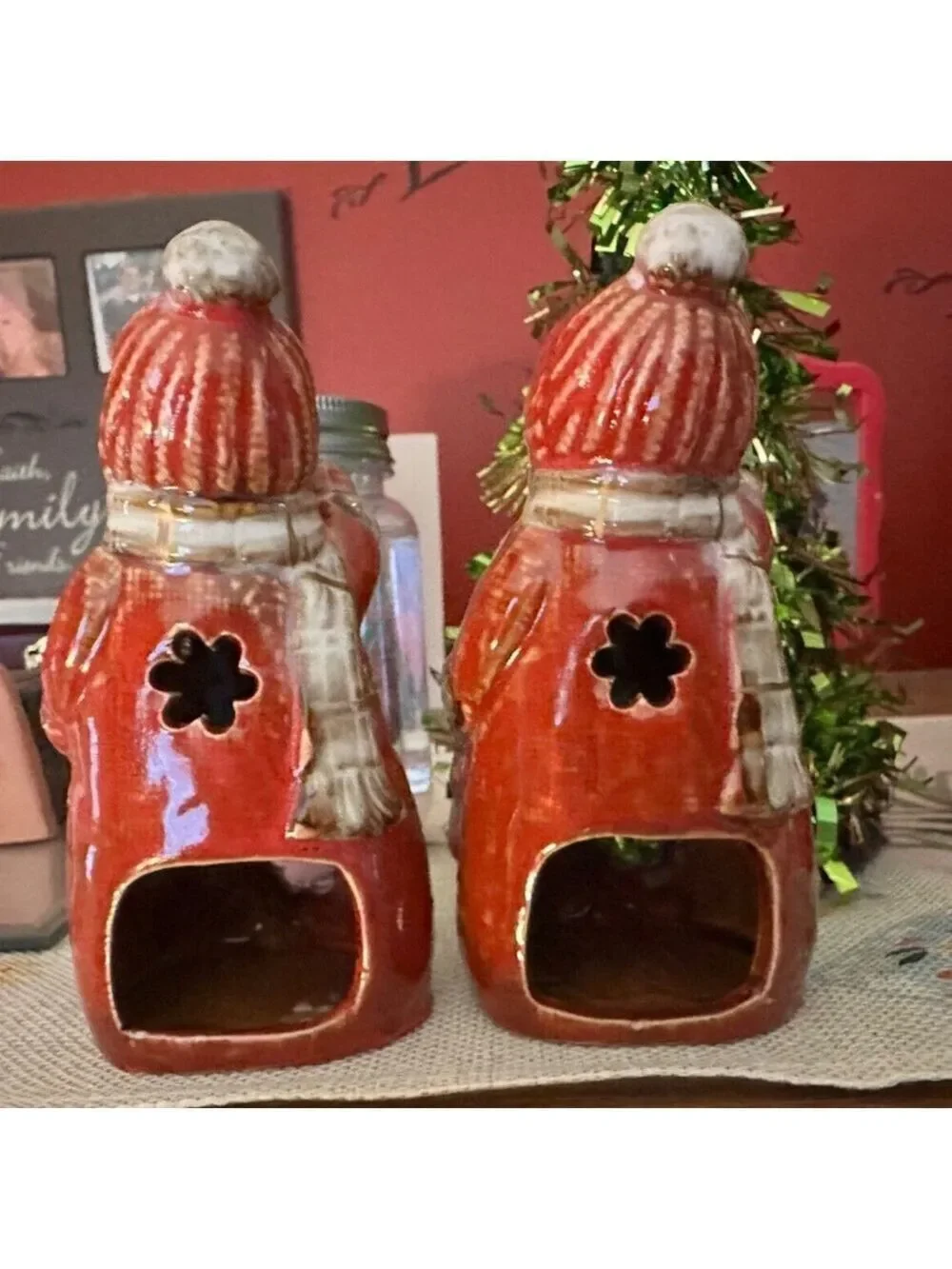 Snow Woman 2 Christmas Holiday Ceramic Tea Light Candle Holder Decor